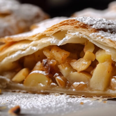 Freshly baked apple strudel on wooden plate generated by AI